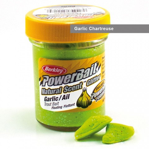 Fishing Accessories :: Berkley Powerbait Natural Scent Glitter Trout Bait  Garlic Chartreuse